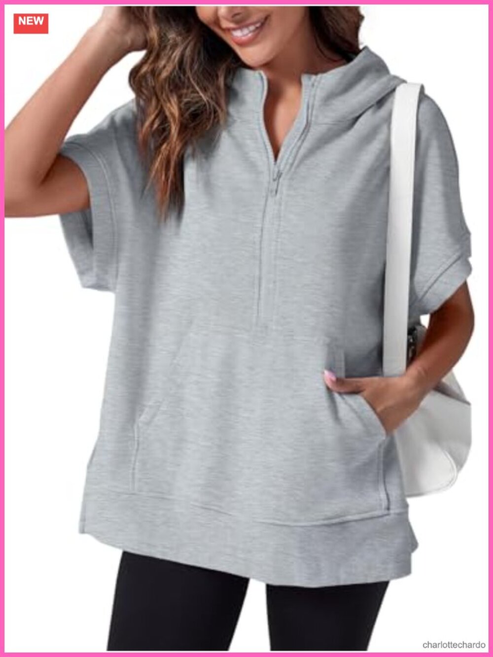 Women's Short Sleeve Half Zip Hoodie Pullover with Kangaroo Pocket Relaxed Fit